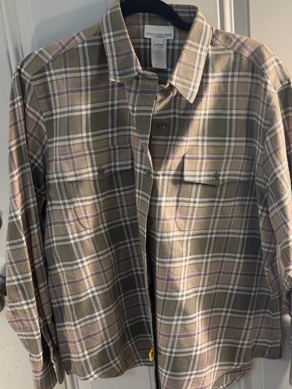Jones New York Tan & Olive Plaid Cotton Shirt